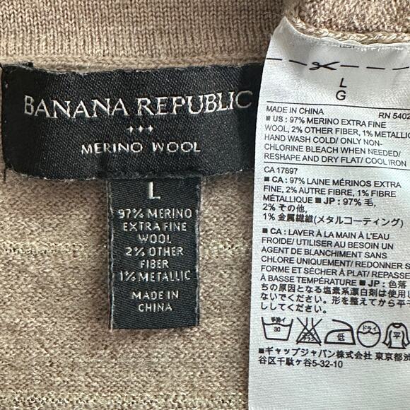 Banana Republic Merino Wool Sweater Large Tan Gold Stripe Quiet Luxury EUC - Picture 7 of 8